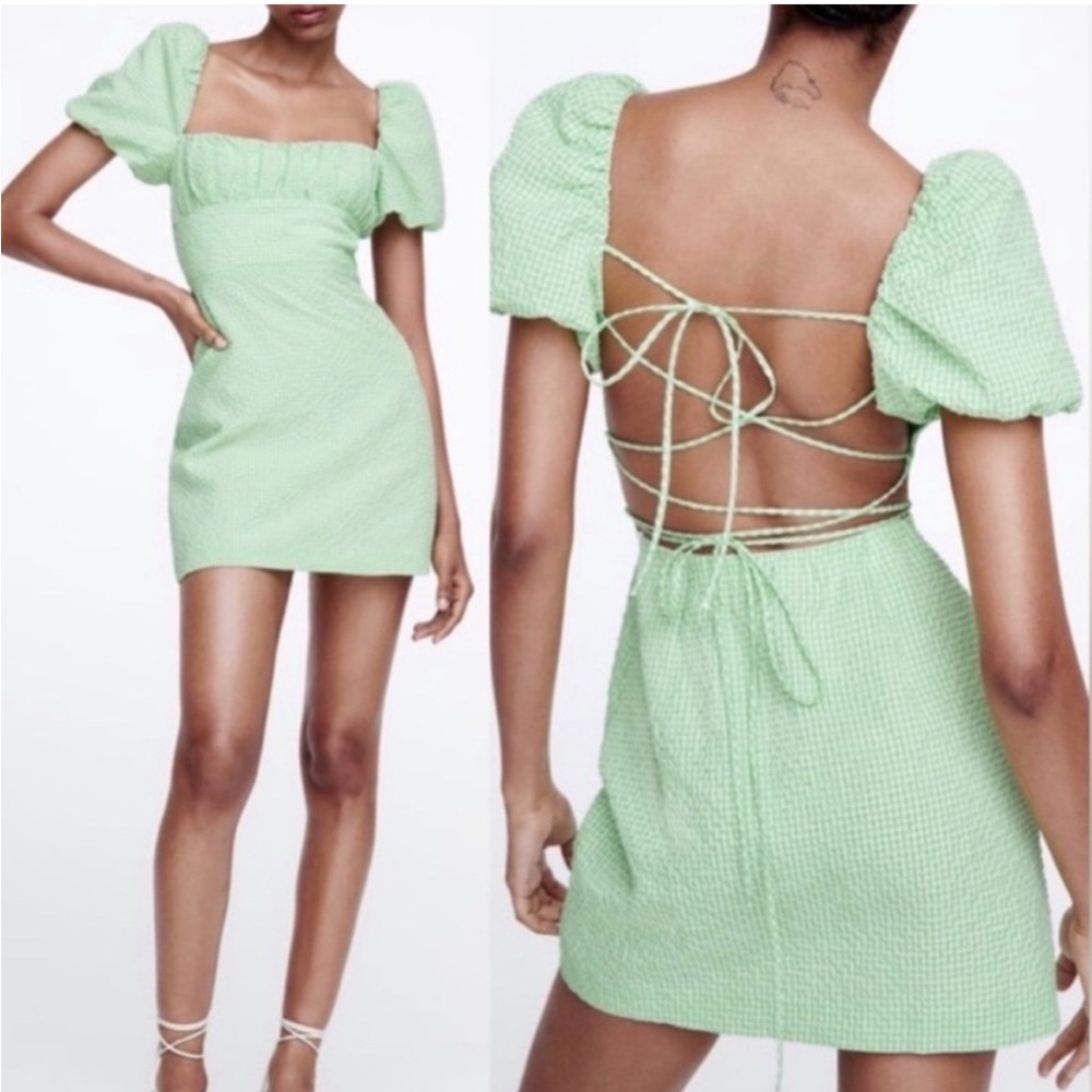Zara Light Green Backless Puff Sleeve Dress